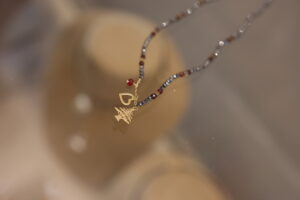 Hematites And Rubis Stones Necklace With Gold Heart And Cedar